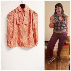 Vintage 70s James Kenrob for Dalton Pussybow Secretary Blouse Pink Peach Floral